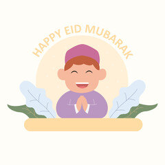 vector illustration of cute cartoon character with simple leaves concept of happy eid