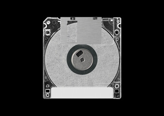 Floppy disk or diskette case on black background. Isolated transparent mockup. Clean cover box...