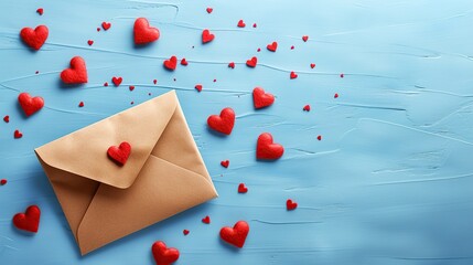 Valentine day greeting concept. Envelope and red hearts on blue background top view. copy space for text.