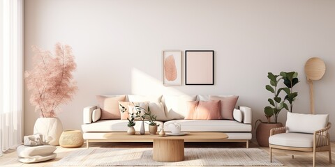 Stylish Scandinavian interior design with elegant bohemian living space including cozy seating, carpet, minimalistic decor, and floral arrangements.