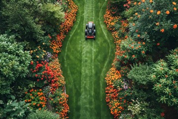 A robotic lawn mower stands on the lawn near the house at sunset - obrazy, fototapety, plakaty