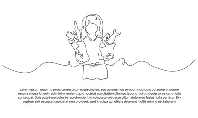 One continuous line design of woman holding groceries. Single line decorative element drawn on white background.