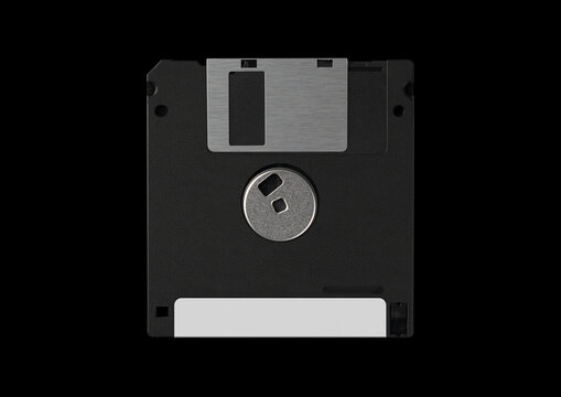 Floppy disk or diskette case on black background. Isolated transparent mockup. Clean cover box template.