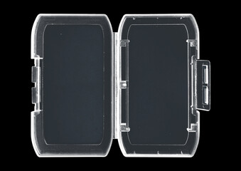 Case on black background. Isolated transparent mockup. Clean cover box template.