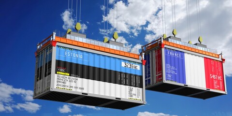 Shipping containers with flags of Estonia and France - 3D illustration