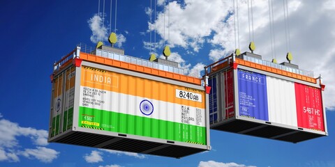 Shipping containers with flags of India and France - 3D illustration