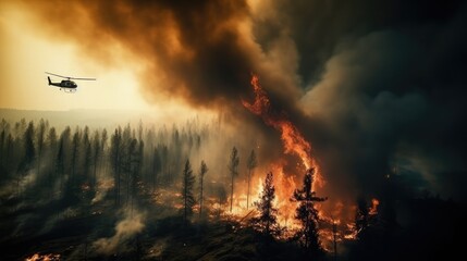 A strong forest fire, fir trees, pine trees are burning, a fire helicopter is circling over the burning forest, 
