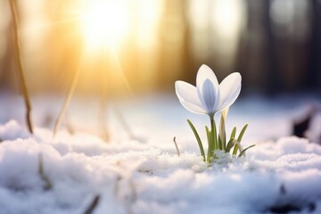 frozen snowdrop on snowy meadow in park