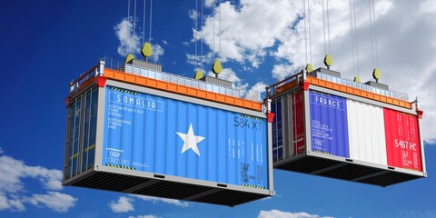 Shipping containers with flags of Somalia and France - 3D illustration