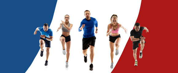 Marathon. Dynamic image of athletic people, men and women, running athletes in motion against flag...