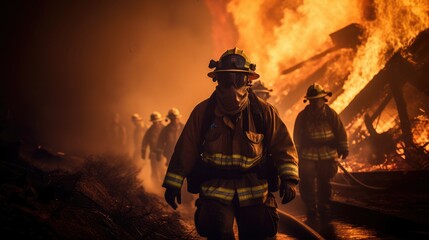 Amidst billowing flames and thick smoke, a powerful image encapsulates the valiant efforts of firefighters battling an inferno.