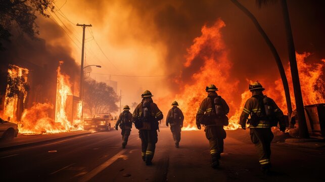 Amidst billowing flames and thick smoke, a powerful image encapsulates the valiant efforts of firefighters battling an inferno.