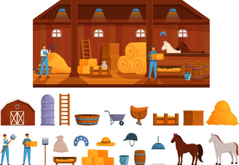 Farm stable icons set cartoon vector. Barn floor interior. Wooden ranch © nsit0108