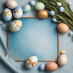 Easter banner with painted eggs and napkin on dark blue backround. Top view, flat lay with copy space.