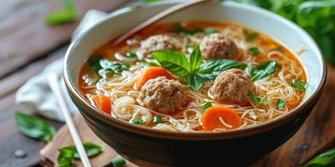 Soup made with vermicelli, vegetables and meatballs, Generative AI
