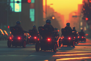 Urban city in sunset. Elderly-centric robotic wheelchair. Autonomous, Accessible, Elderly-Friendly, Seamless, Innovative, advance mobility solution, accessible for seniors by generative AI.