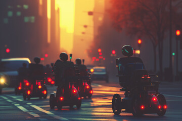 Urban city in sunset. Elderly-centric robotic wheelchair. Autonomous, Accessible, Elderly-Friendly, Seamless, Innovative, advance mobility solution, accessible for seniors by generative AI.