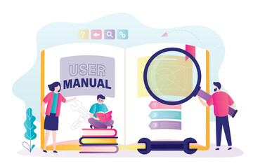 Customers find answers. Business people or students reading user manual or textbooks. Giant opened  book. Concept of user guide, Q and A. FAQ and instructions