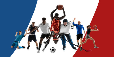 Athletes of different kind of sports, men and women in motion during game representing team of...