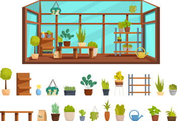 Greenhouse interior icons set cartoon vector. Plant shelves. Tree flower orangery