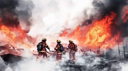 firefighters bravely put out the flames in the light of clouds and wind,