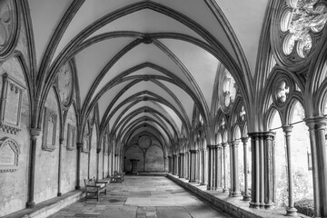 cloisters at salisbury cathedral wiltshire england in black and white - obrazy, fototapety, plakaty