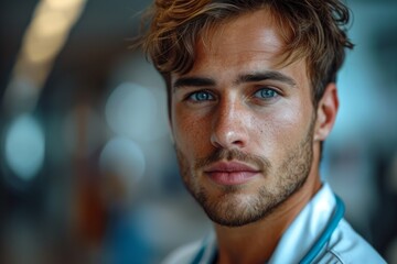 Close-up of a young male doctor with striking blue eyes
