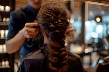 Back view Woman Getting Her Hair Done at a Salon with a Braid