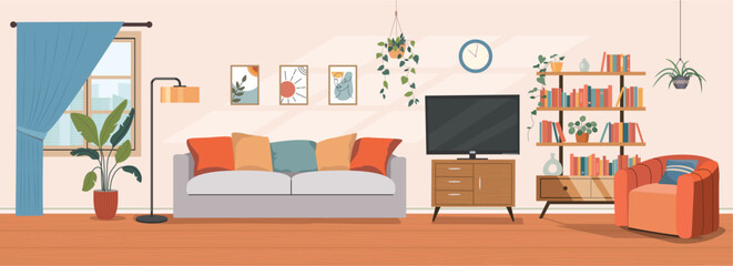 Living room interior. Comfortable sofa, TV,  window, chair and house plants. Vector flat illustration