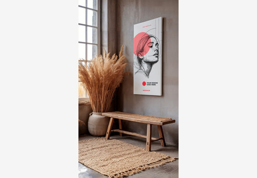 Poster Frame Mockup Interior: Stunning Window View with Bench, Dry Grass, Rug, Mirror, and Plant on Window Sill