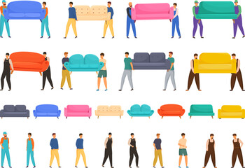Men carrying sofa icons set cartoon vector. Worker moving. House furniture