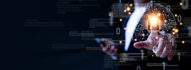 businessman using Ai technology in business by artificial intelligence,  smart robot AI, Futuristic technology transformation, using AI technology for developing running business on cloud computing