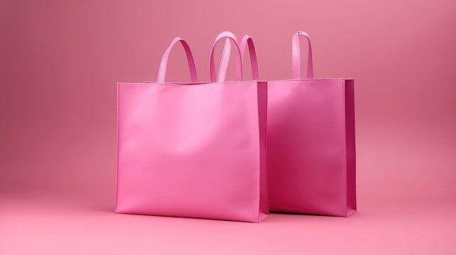 Mock up pink shopping bags on pink background, hyper-realistic, high quality photo realistic, 