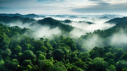 Overhead shot of dense tropical rainforests with misty canopies