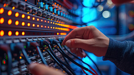 Close-up of a network engineer's hands plugging in cables to a server, focusing on network connectivity and maintenance.
 - obrazy, fototapety, plakaty