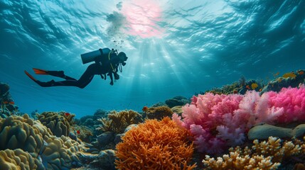 Scuba diver descending into the depths of a vibrant coral reef illuminated by sunlight filtering through water.