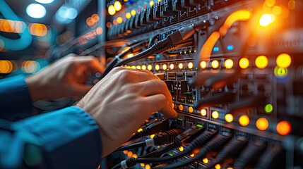 Close-up of a network engineer's hands plugging in cables to a server, focusing on network connectivity and maintenance.
