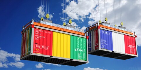 Shipping containers with flags of Guinea and France - 3D illustration