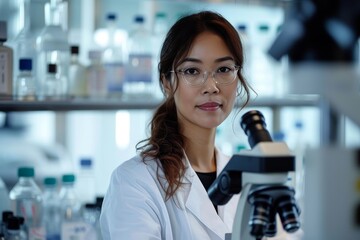 A determined woman in a lab coat conducts groundbreaking research, surrounded by scientific instruments and medical equipment in a bustling laboratory