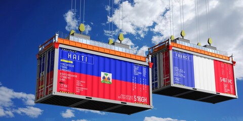 Shipping containers with flags of Haiti and France - 3D illustration