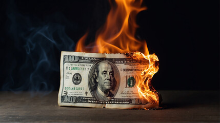  Burning hundred dollar bill on black background. Inflation