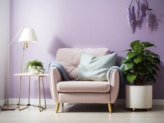 Lilac Serenity: Armchair, Lamp, and Houseplant Near Lilac Wall

