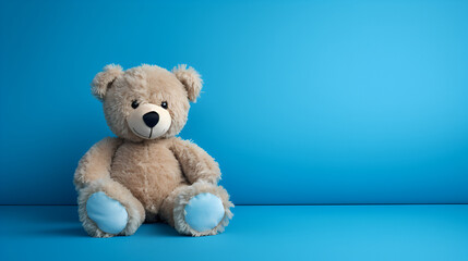 Beige teddy bear near the blue wall  