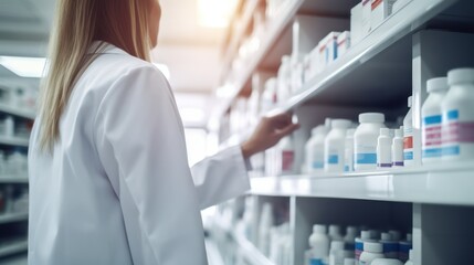 Woman pharmacist in pharmacy reaching for drugs from the shelf, 