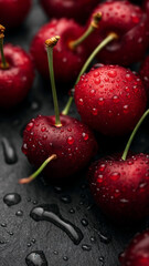 Freshly washed cherries with droplets of water glistening on their vibrant red surfaces, presented on a dark background, showcasing their juicy texture.