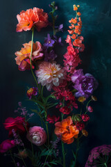 Several colorful flowers are arranged on a dark background, 