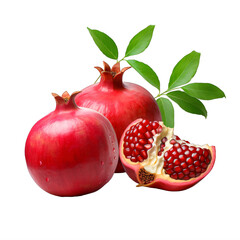 an open pomegranate with leaves on a transparent background png isolated