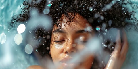 Black girl having a luxurious shower, washing her curly hair with lots of lather, Generative AI