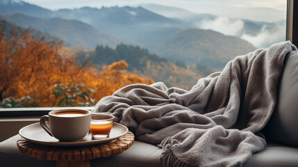 Wide panoramic closeup background banner photo, view from a luxury hotel bedroom window, cozy couch with pillows and coffee cup on a tray, misty mountain range landscape outside in a cold day morning - obrazy, fototapety, plakaty
