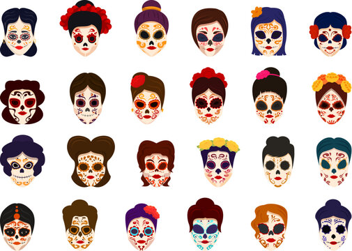 Mexican female skull icons set cartoon vector. Woman dead makeup. Festival holiday